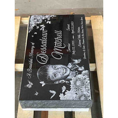 Serene Reflections - Black Granite Headstone Memorial Marker with Angelic Emblem and Blossom Accents