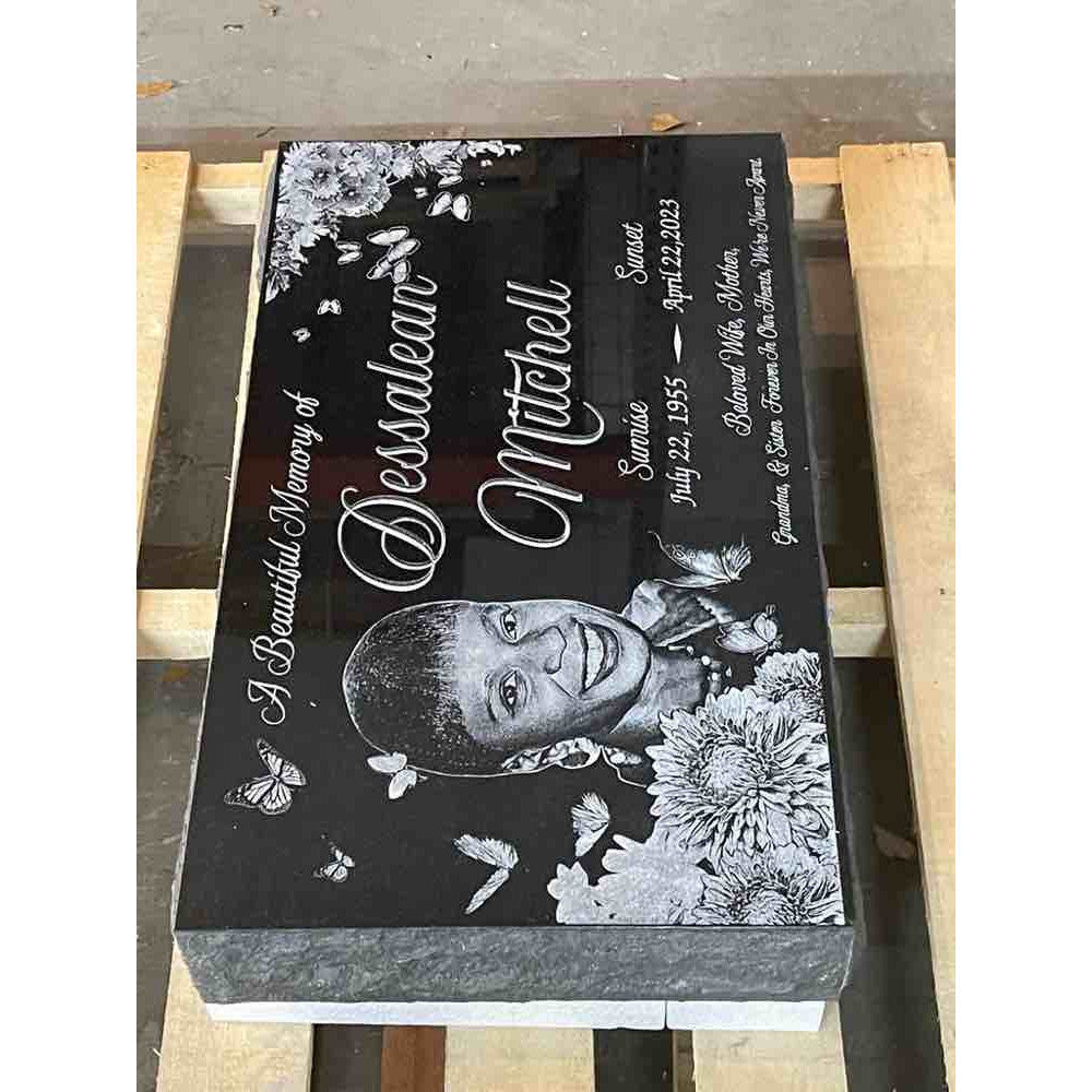 Sacred Devotion - Black Granite Headstone Memorial Marker with Crucifix and Floral Tribute Design