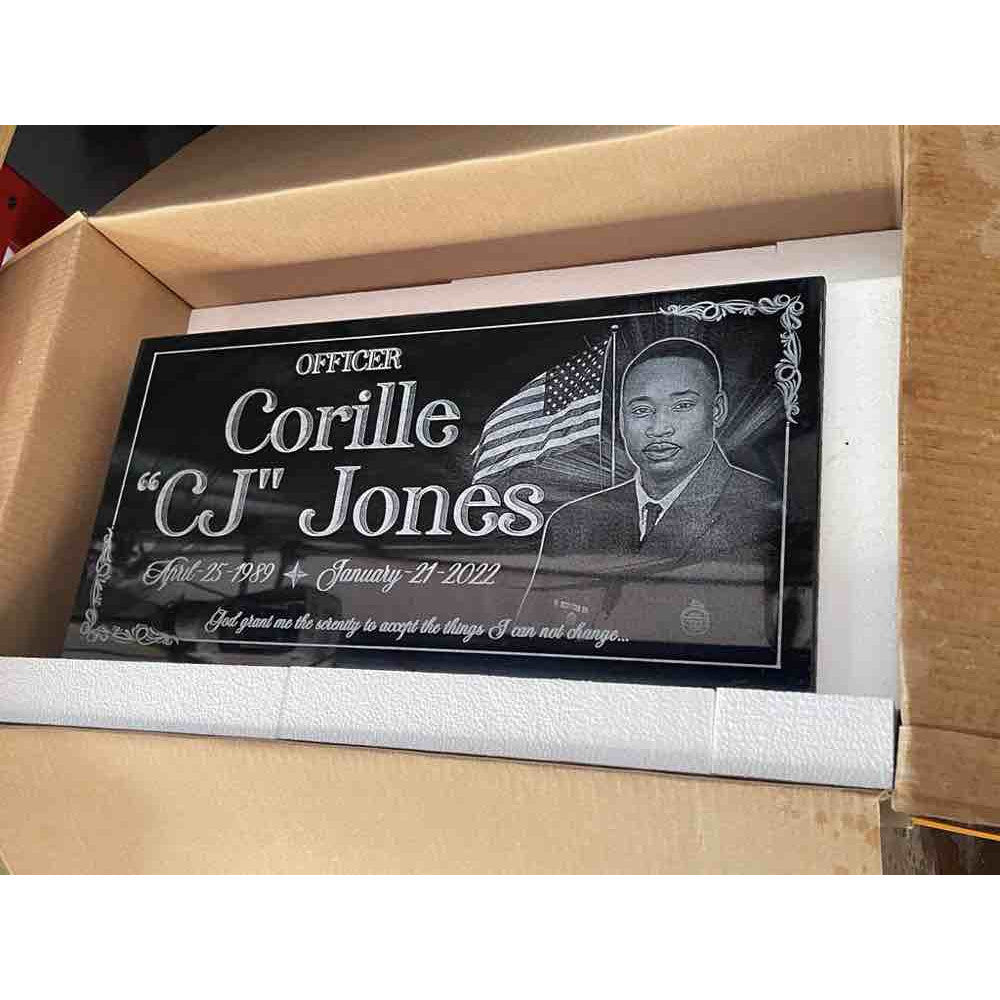 Classic Rose Tribute - Personalized Black Granite Headstone Memorial Marker with Portrait Engraving