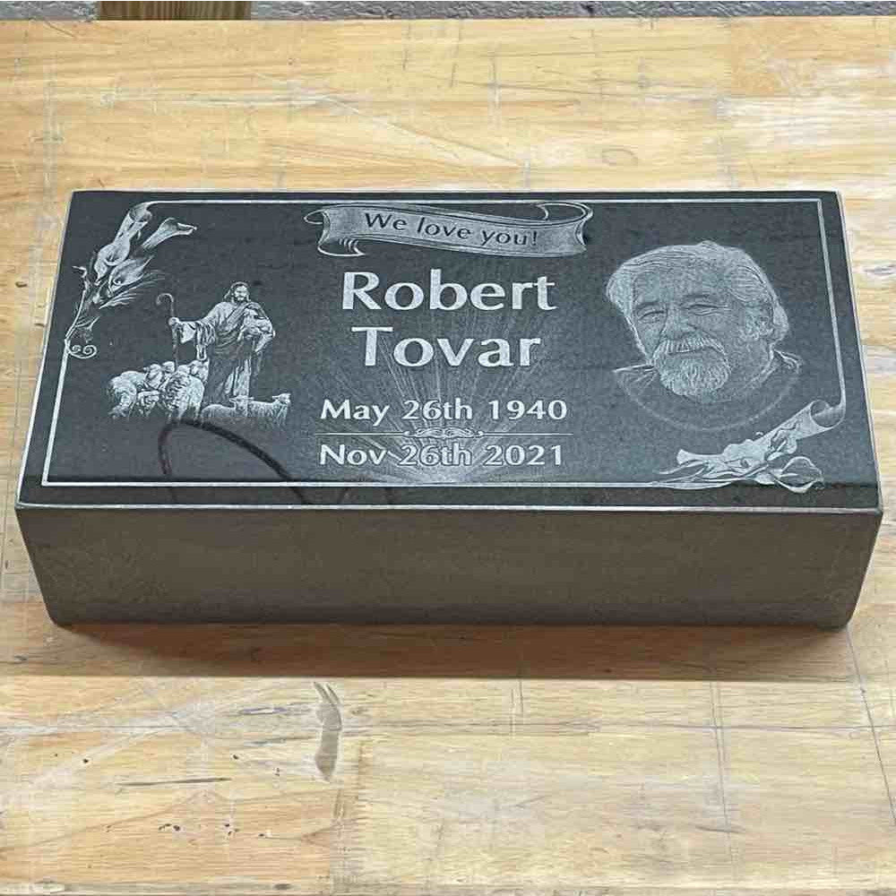 Floral Elegance - Custom Engraved Black Granite Headstone Memorial with Portrait and Tribute Inscription