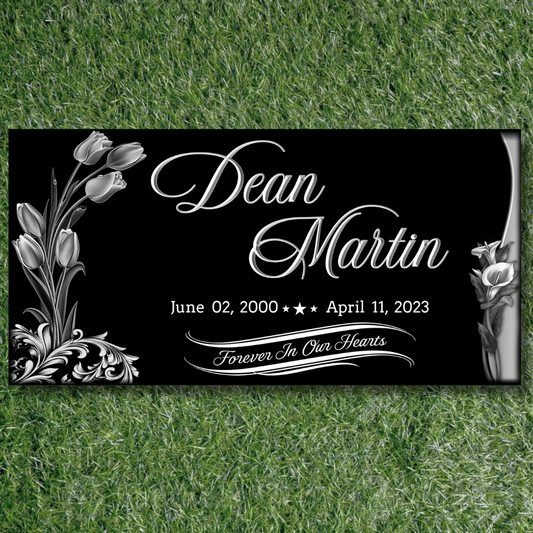 Eternal Tulips - Black Granite Headstone Memorial Marker with Elegant Floral Design