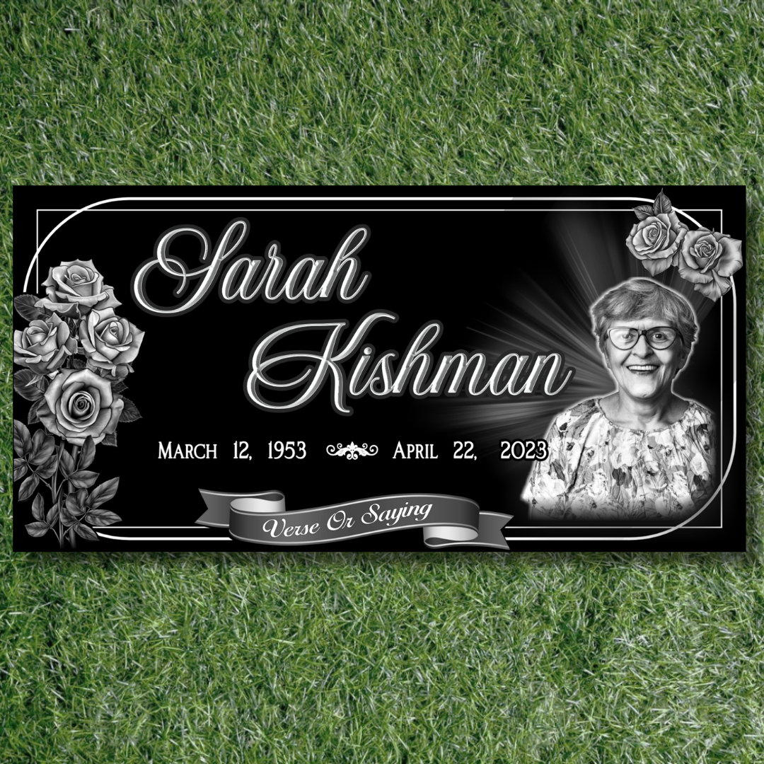 Classic Rose Tribute - Personalized Black Granite Headstone Memorial Marker with Portrait Engraving