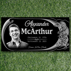 Floral Elegance - Custom Engraved Black Granite Headstone Memorial with Portrait and Tribute Inscription