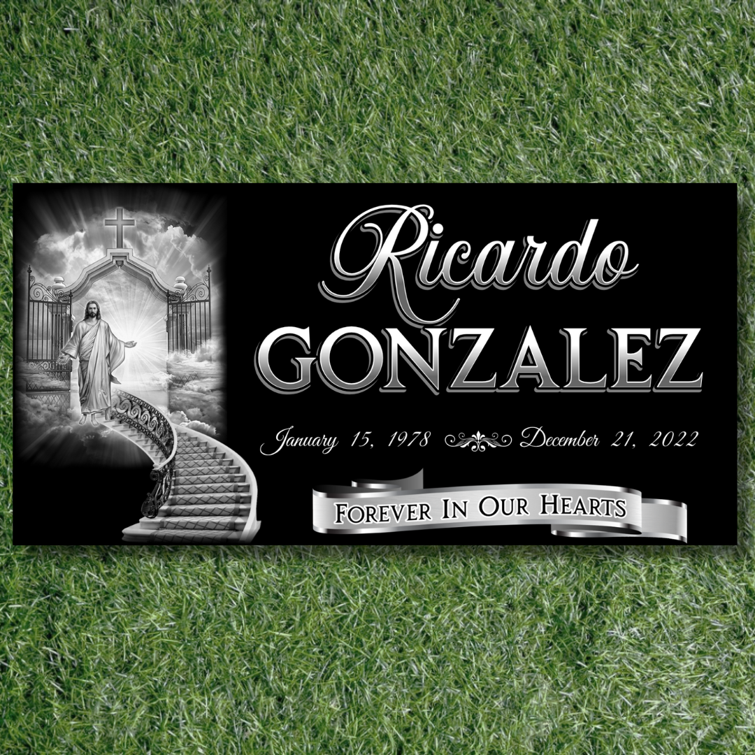 Heavenly Gates - Personalized Black Granite Headstone Memorial Marker with Stairway to Heaven Design