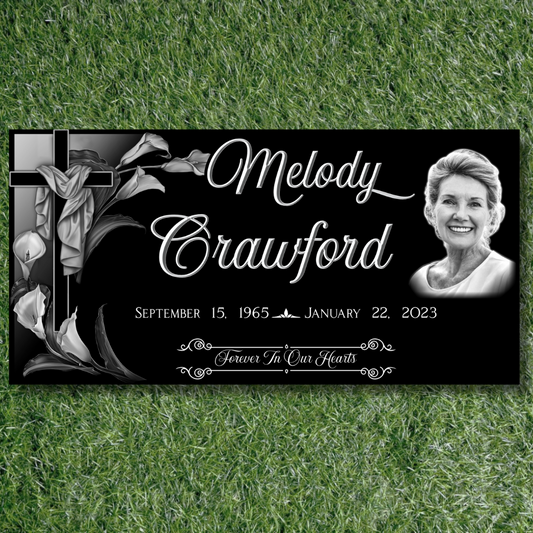 Calla Lily Cross - Custom Engraved Black Granite Headstone Memorial Marker with Portrait