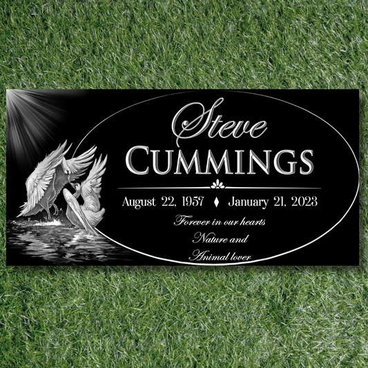 Angelic Embrace - Black Granite Headstone Memorial Marker with Engraved Swan and Wings Design