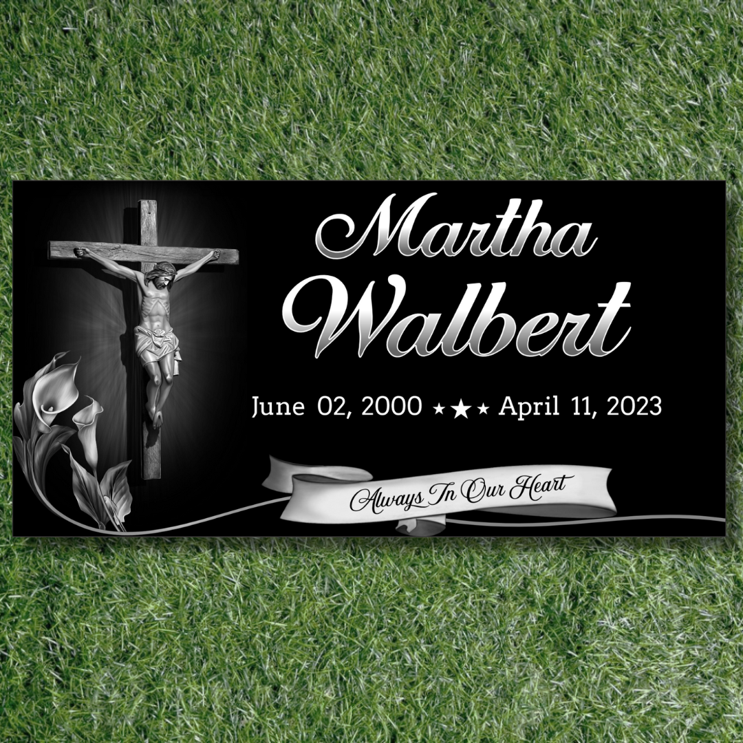 Sacred Devotion - Black Granite Headstone Memorial Marker with Crucifix and Floral Tribute Design