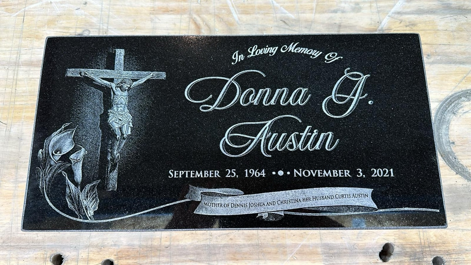 Classic Rose Tribute - Personalized Black Granite Headstone Memorial Marker with Portrait Engraving